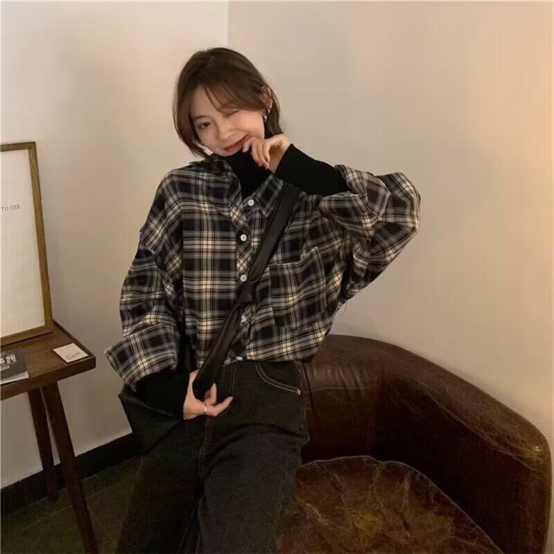 潮撞色格子衬衫男女款春秋季2025新款宽松休闲长袖百搭衬衣复古,男装衬衫,星座506A