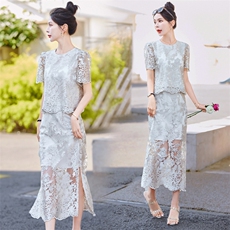 欧货高端缕空蕾丝上衣套装夏新款女减龄优雅气质显瘦开叉长裙，女装套装/套裙，微微衣阁