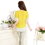 时尚V领蕾丝拼接雪纺衫优雅显瘦长袖上衣，女装蕾丝衫/雪纺衫，雪樱依海