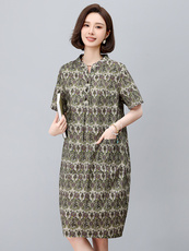 纯棉印花连衣裙女夏2025新款中年妈妈宽松大码遮肚子显瘦减龄裙子，女装连衣裙，依恋蒂丝