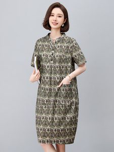 纯棉印花连衣裙女夏2025新款中年妈妈宽松大码遮肚子显瘦减龄裙子图片
