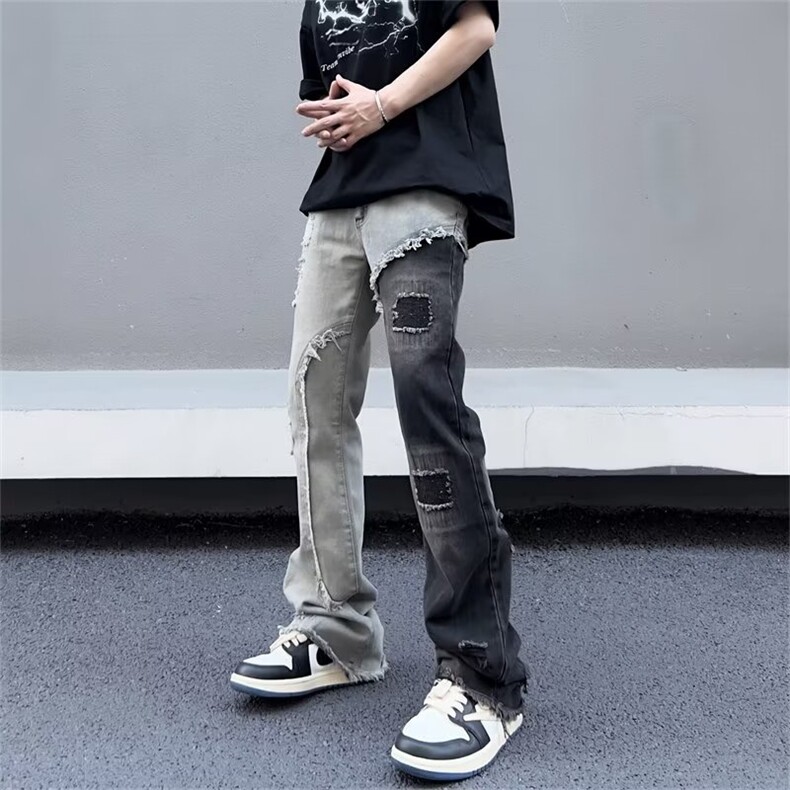 嘻哈高街vibe破洞毛边撞色拼接牛仔裤男ins潮牌直筒微喇裤子-K716,男装牛仔裤,星座601-1