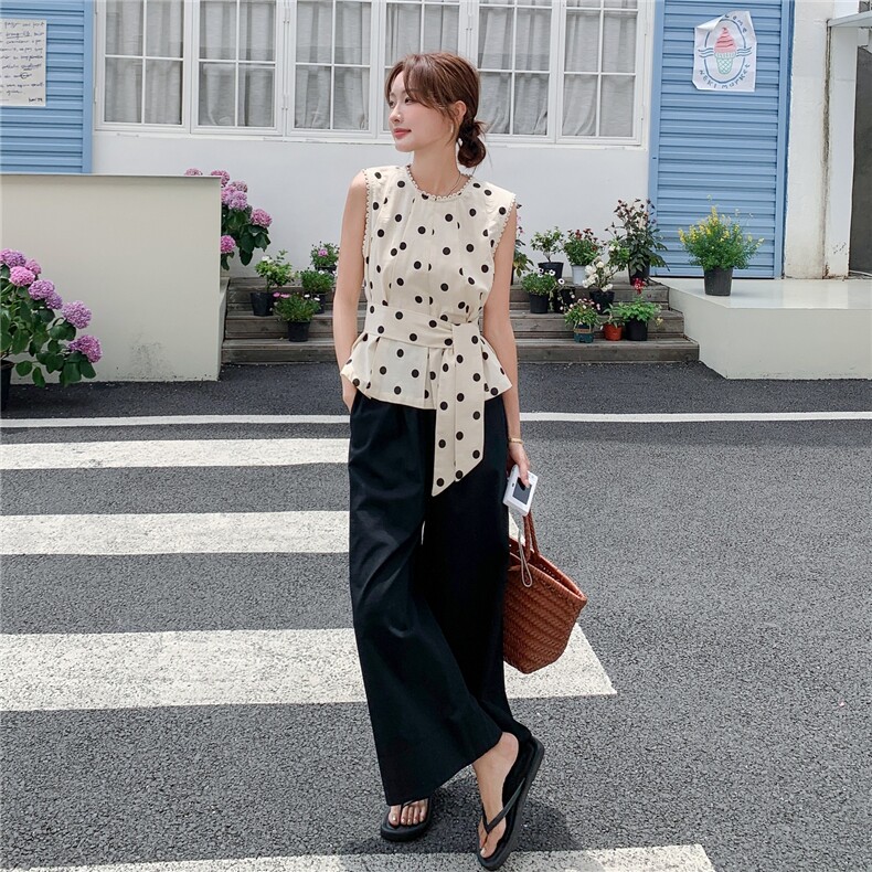 韩版波点系带收腰背心衬衫休闲裤套装女2025年夏季新款显瘦两件套,女装套装/套裙,2C272