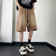 牛仔短裤男夏季高街潮牌宽松百搭美式复古水洗抽绳休闲五分裤，男装牛仔裤，星座410-7
