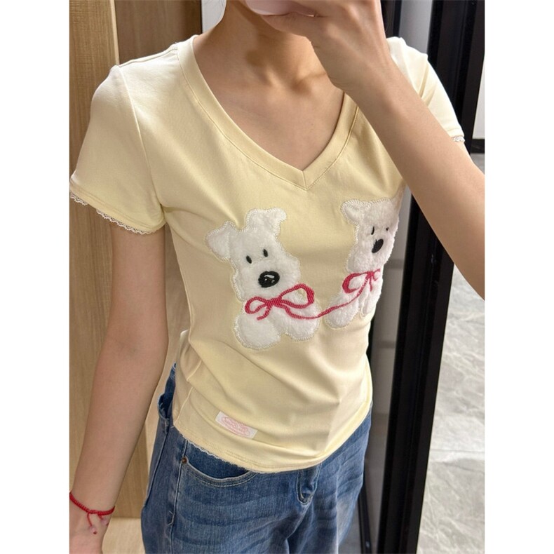 H0996-P35拼接蕾丝+毛巾绣包边拉肩V领修身正肩短袖T恤，女装T恤，星座617A-2