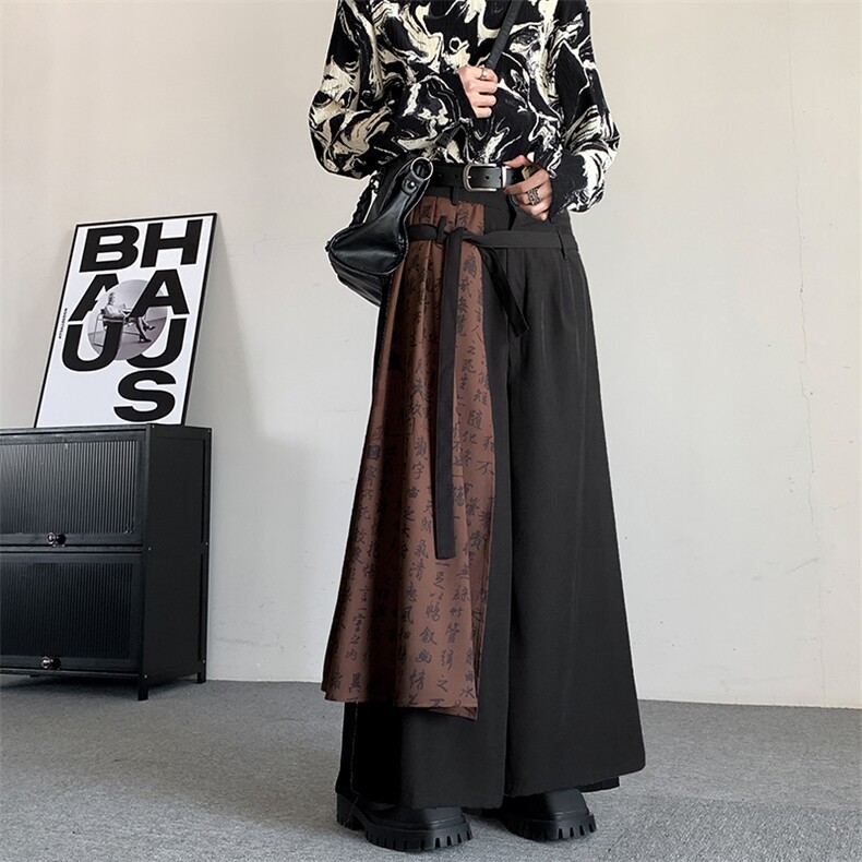 新中式书法印花拼接假两件阔腿裤裙男女山本耀司风小众设计感西裤图片
