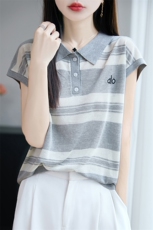 夏季新款天丝亚麻翻领刺绣条纹短袖女宽松百搭显瘦时尚休闲上衣，女装T恤，昭美羊绒