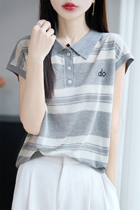 夏季新款天丝亚麻翻领刺绣条纹短袖女宽松百搭显瘦时尚休闲上衣图片