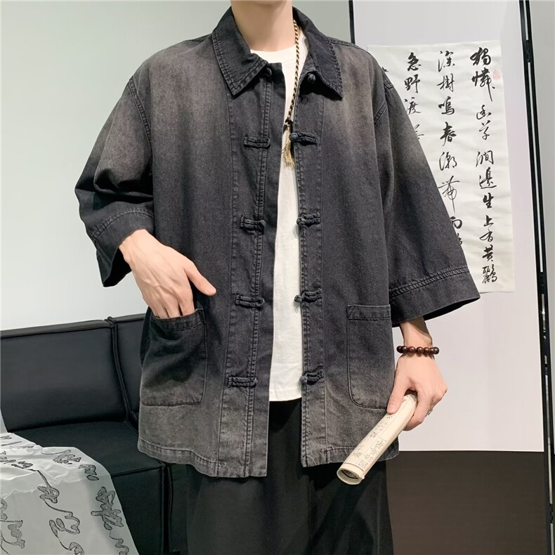 新中式牛仔衬衫男短袖韩版潮流百搭帅气2024新款ins外套CY819-P63,男装衬衫,星座412-3