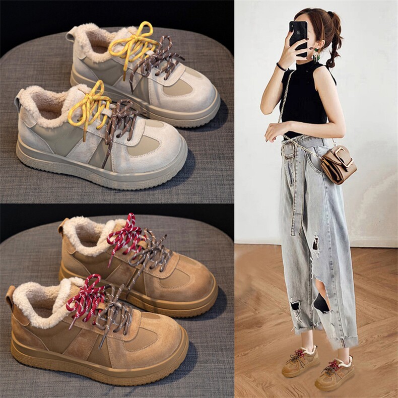 羊羔绒毛毛鞋加绒棉鞋2024冬季新款休闲厚底保暖德训鞋女，女鞋休闲鞋，电商A223