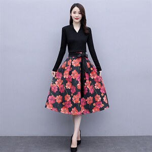 新款时尚气质优雅高弹V领上衣+麂皮绒套裙，女装套装/套裙，岚衣(原川流布茜）