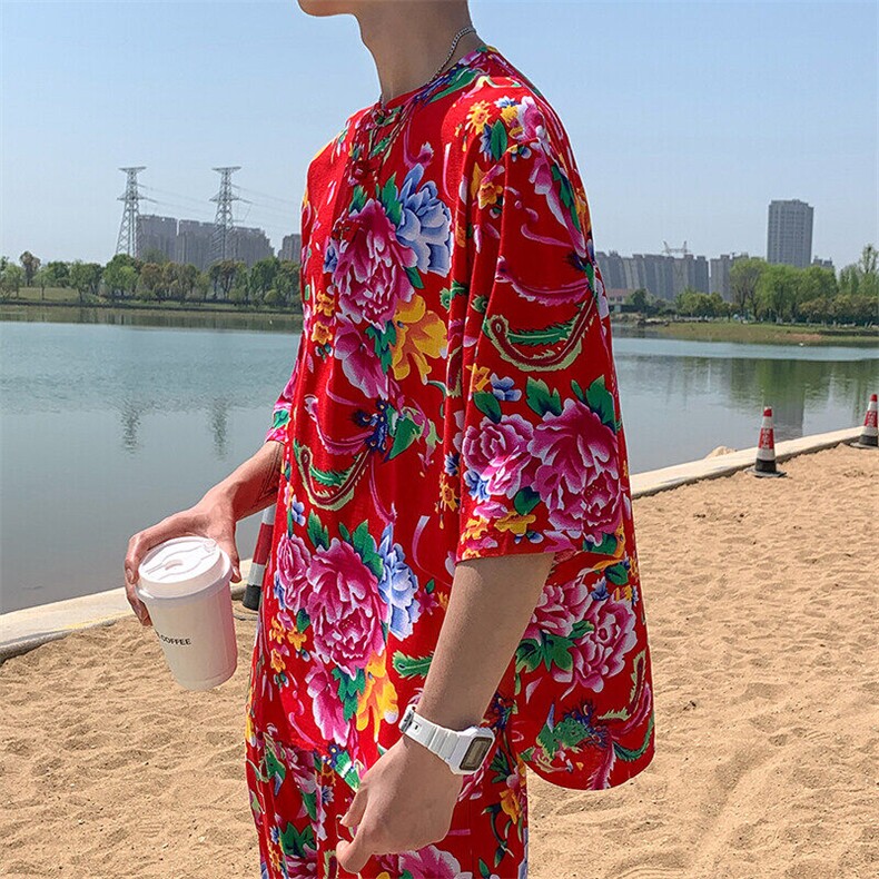 A340男士休闲大花透气凉爽风T恤七分袖春夏秋大妈套头衫团队,男装T恤,星座115A(原星座507）