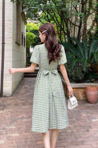 夏季新款复古小清新绿色法式连衣裙，女装连衣裙，水锦红