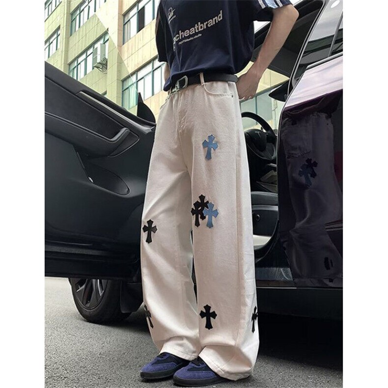 十字架贴皮牛仔裤男女微喇直筒ins宽松阔腿拖地弯刀长裤KC1155,男装皮裤,星座1116A（原606A-3）