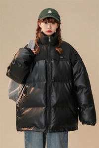 1中性风褶皱波纹拼PU皮棉衣女立领棉服女外套8715P128控168图片