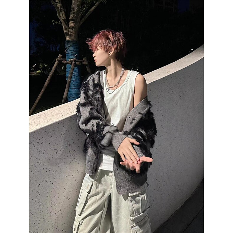 仿貂毛V领针织开衫复古提花毛衣男慵懒风宽松高级感毛衫MY306,男装针织衫/毛衣,星座1116A（原606A-3）