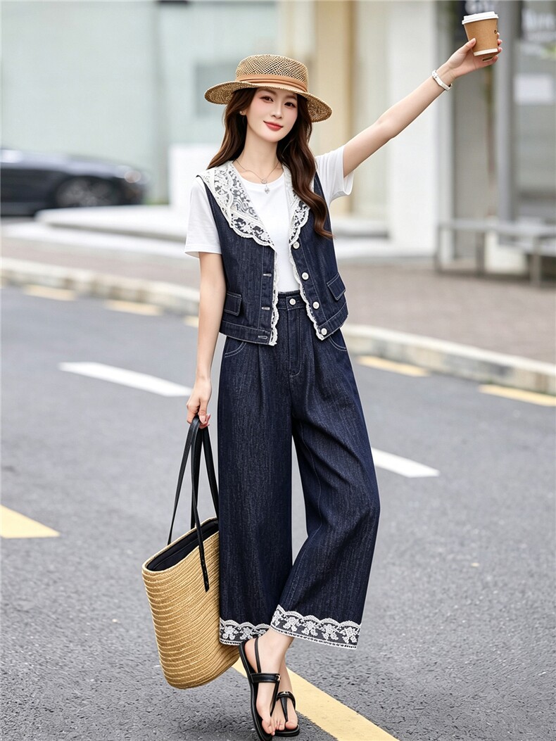 现货牛仔套装女2026夏季新款高级感韩里韩气蕾丝马甲阔腿裤穿搭,女装套装/套裙,艾仟回(原伊仟回)