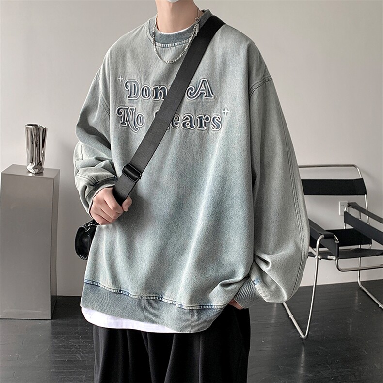 2023春新款立体刺绣水洗做旧牛仔宽松圆领套头卫衣23096-P60控85,男装卫衣,星座914-3