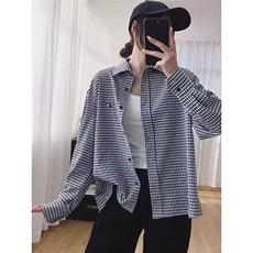 TY1008-P35春秋文艺复古小格子双层棉纱长袖衬衫女宽松百搭，男装衬衫，电商B323A