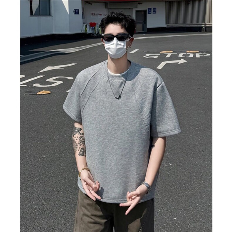 夏季新款简约拼接纯色T恤男士时尚百搭休闲半袖潮流时髦修身短袖,男装T恤,星座506