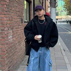 抖音得物高品质二开26春装美式高街重磅结构高领连帽卫衣外套W62，女装短外套，电商A486