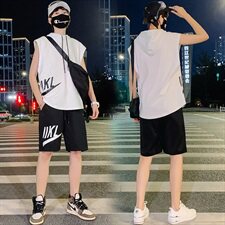 夏季情侣装青少年纯棉宽松无袖T恤连帽运动背心套装男TZ267-P60，男装背心/马甲，电商A441