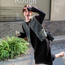 港风穿搭牛仔马甲配黑色卫衣连衣裙女春秋休闲慵懒松弛感长裙套装，女装套装/套裙，2C262