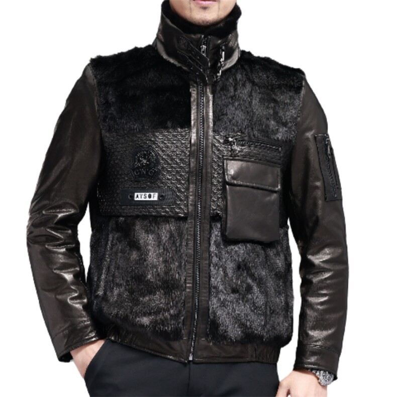 BIJ901冬季新款海宁真皮羽绒服男山羊皮夹克翻领时尚男装机车皮衣,男装皮衣,电商B360