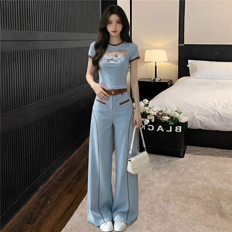慵懒风休闲时尚套装女夏新款百搭圆领印花短袖上衣阔腿长裤两件套图片