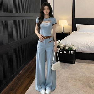 慵懒风休闲时尚套装女夏新款百搭圆领印花短袖上衣阔腿长裤两件套图片