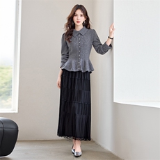 现货！秋季新款韩版时尚POLO领荷叶边上衣+百褶蕾丝裙两件套裙女，女装套装/套裙，宝儿家