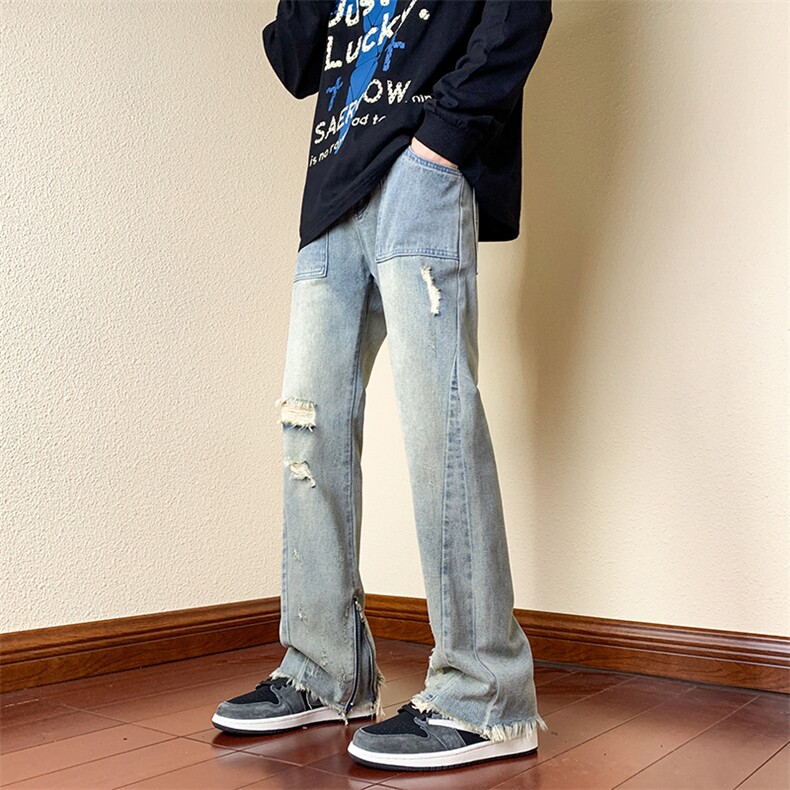 B221美式ins高街小众重工艺毛边拉链破洞牛仔裤LK23016-P65控88,男装牛仔裤,电商B221