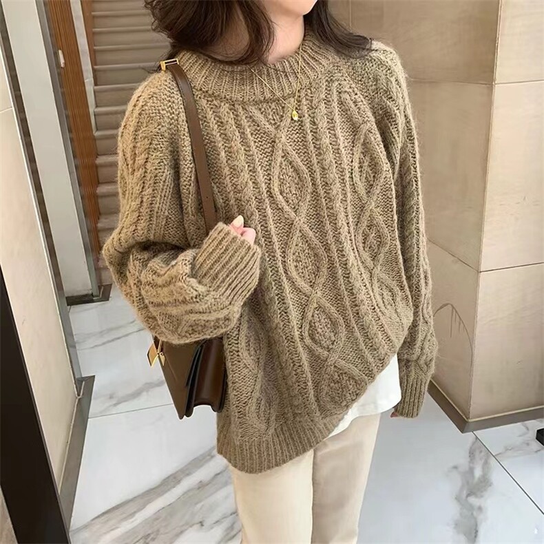 慵懒风复古加厚套头毛衣女秋冬新款宽松圆领麻花外穿针织衫,针织衫/毛衣,半城羊绒