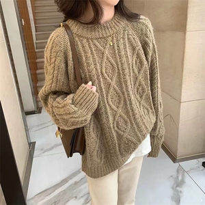 慵懒风复古加厚套头毛衣女秋冬新款宽松圆领麻花外穿针织衫图片