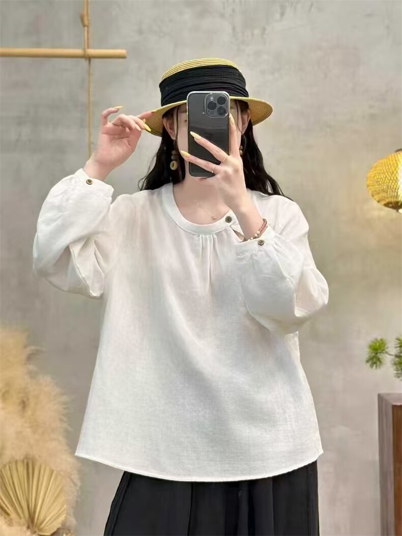 2025秋冬百搭时尚圆领木扣双纱衫，女装衬衫，湘姗