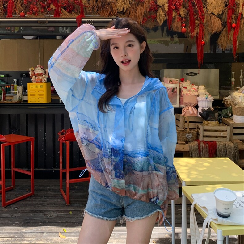 2026新款夏印花防晒衣服女宽松连帽轻薄外套潮182A8657P105K158,女装防晒衣,浙宝182A