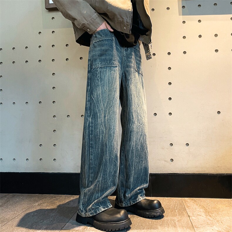 W9638-P48 网图现货 冰裂纹牛仔裤潮流街头宽松直筒时尚长裤裤图片
