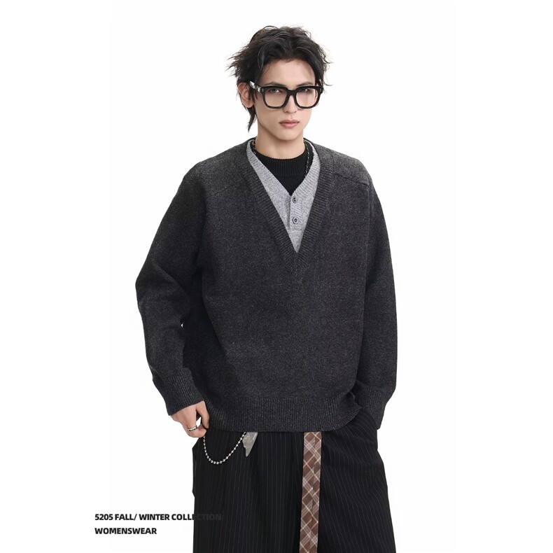 1506-1/M11431/P52冬季保暖V领慵懒针织衫男休闲套头秋季情侣毛衣，男装针织衫/毛衣，星座1506