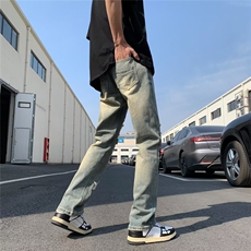 美式ins高街小众五角破洞男直筒裤潮流休闲做旧水洗裤N08031-P49，男装牛仔裤，星座308B-1