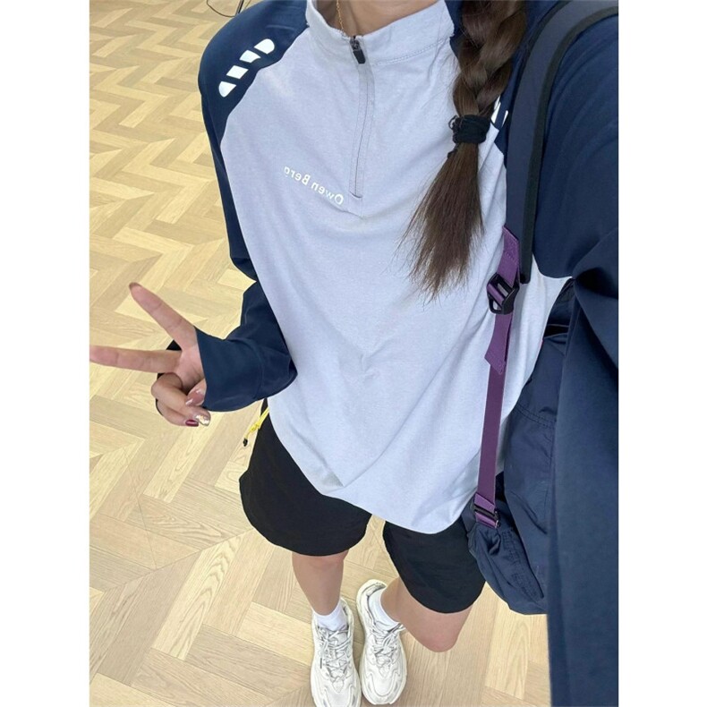 网图潮美式防晒速干拼色长袖T恤反光条拉链立领1205特P30,女装T恤,电商C310-1