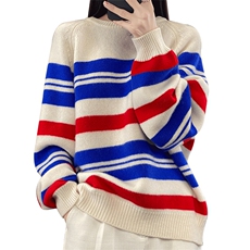 羊范24秋冬羊毛衫女加厚撞色条纹毛衣圆领韩版宽松针织长袖，女装羊毛衫，朝辰羊绒