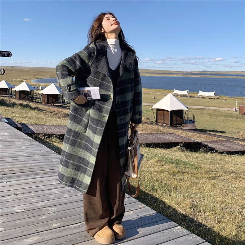 复古格纹长款立领双面呢羊毛大衣女2025秋新款学院风减龄毛呢外套，女装双面呢大衣，蝶眷