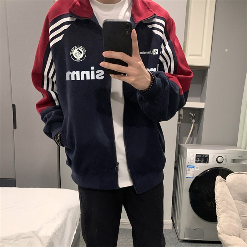 抖音得物秋美式高街重磅结构织带拼接撞色立领卫衣外套ACM4105,女装短外套,电商A443