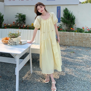 黄色甜美减龄初恋少女桔梗a字裙新款茶歇绝美超仙别致连衣裙女夏图片