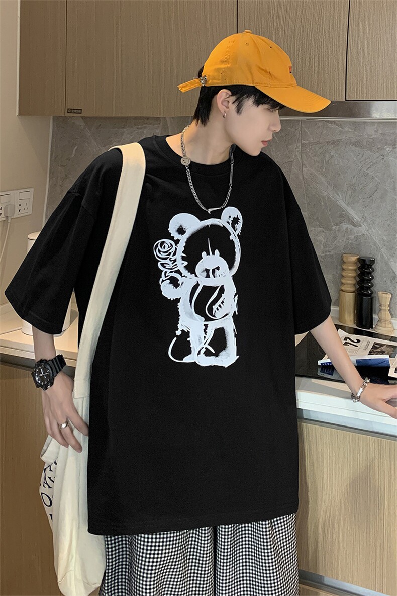 夏季新款大码T恤港风宽松休闲小熊印花情侣上衣A071-5515-P28,男装T恤,电商A071