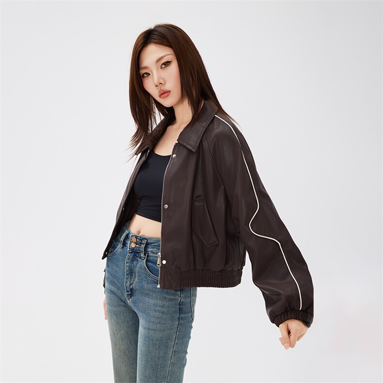 小个子皮衣外套女短款拼色秋季机车棒球服PU皮夹克，女装皮衣，曼琳思菲