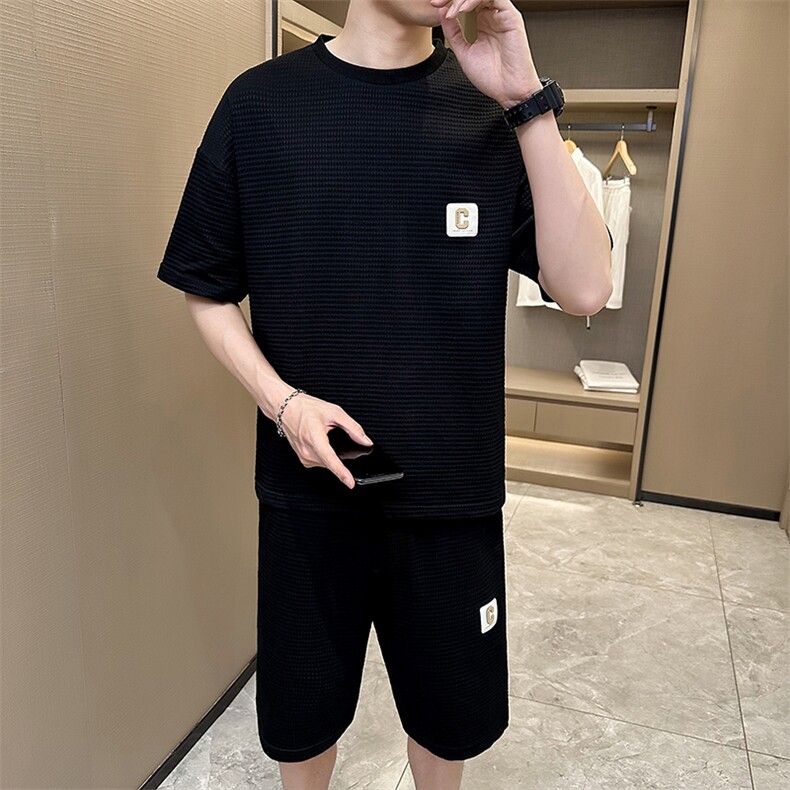 2025夏季店主风休闲百搭宽松短袖华夫格套装两件套TZ302-P88,男装T恤,电商A413