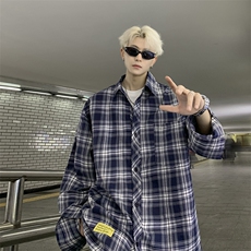 港风大码美式复古贴袋格子翻领长袖衬衫男XZ213-CS8805-P55控68，男装衬衫，星座213