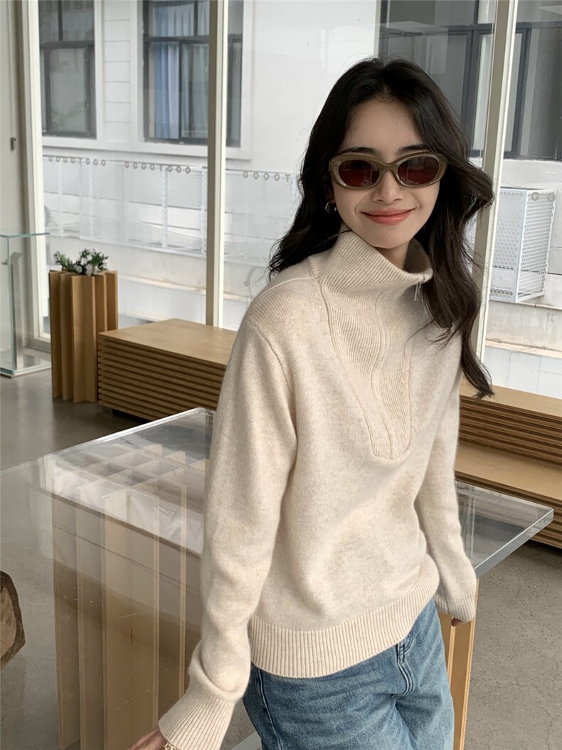秋冬新款半高领女半拉链修身套头毛衣保暖上衣针织衫打底,针织衫/毛衣,玛卡隆羊绒