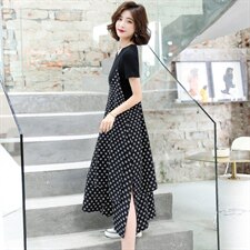 小花家2023流行韩版修身T恤拼设计感开衩吊带雪纺连衣裙女两件套，女装套装/套裙，E百度